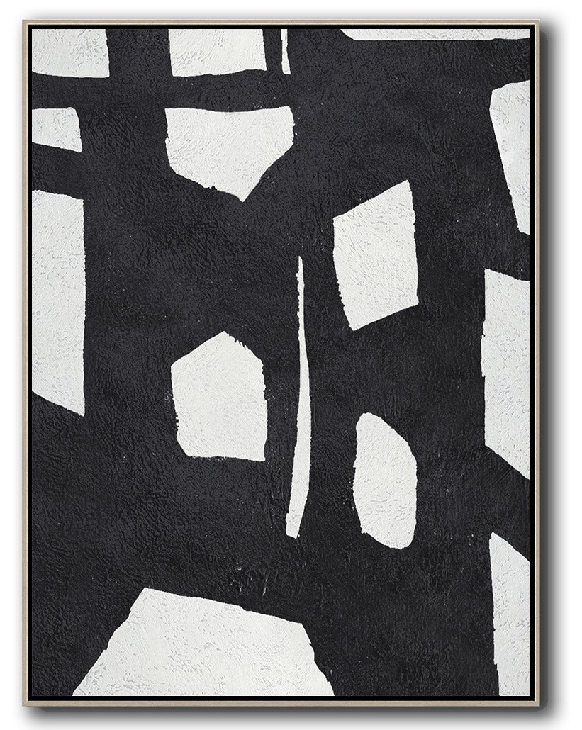 Hand-Painted Black And White Minimal Painting On Canvas - Abstract Expressionism Art Office Room Extra Large